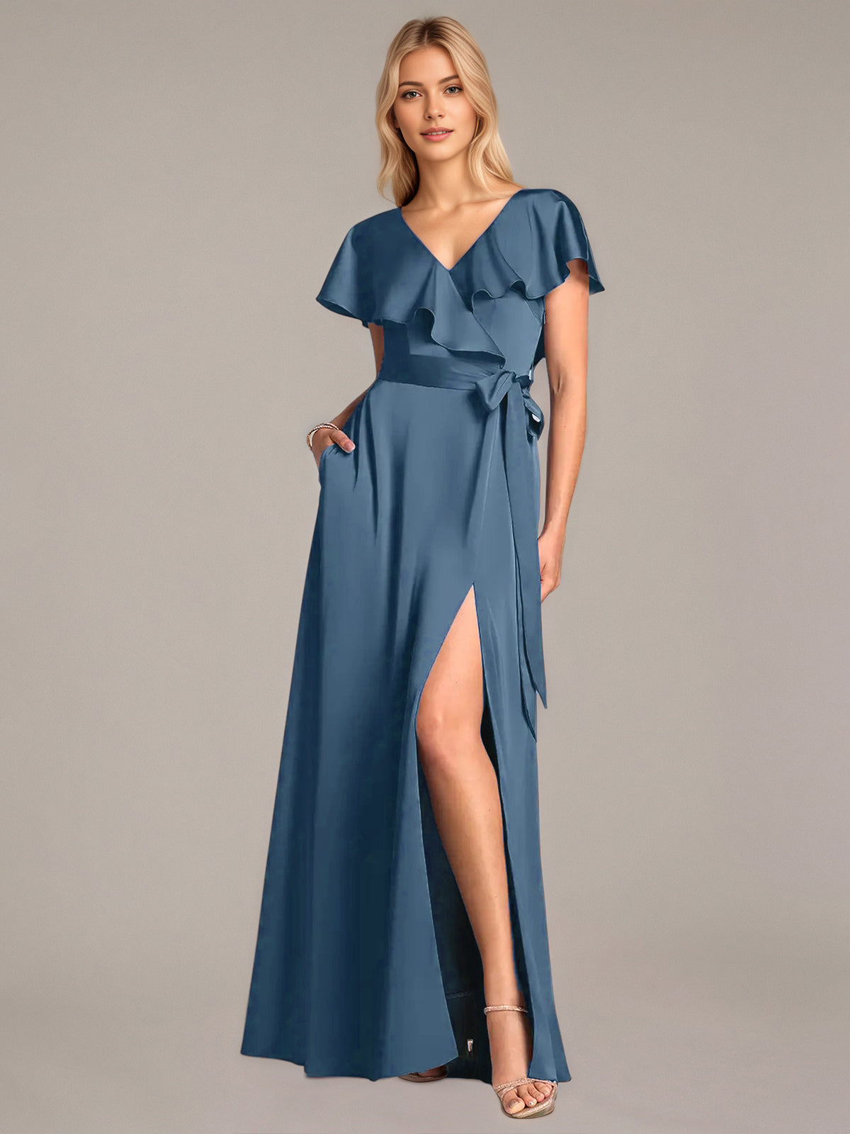 A Line Satin V Neck Short Sleeves Floor Length Dresses With Ruffles