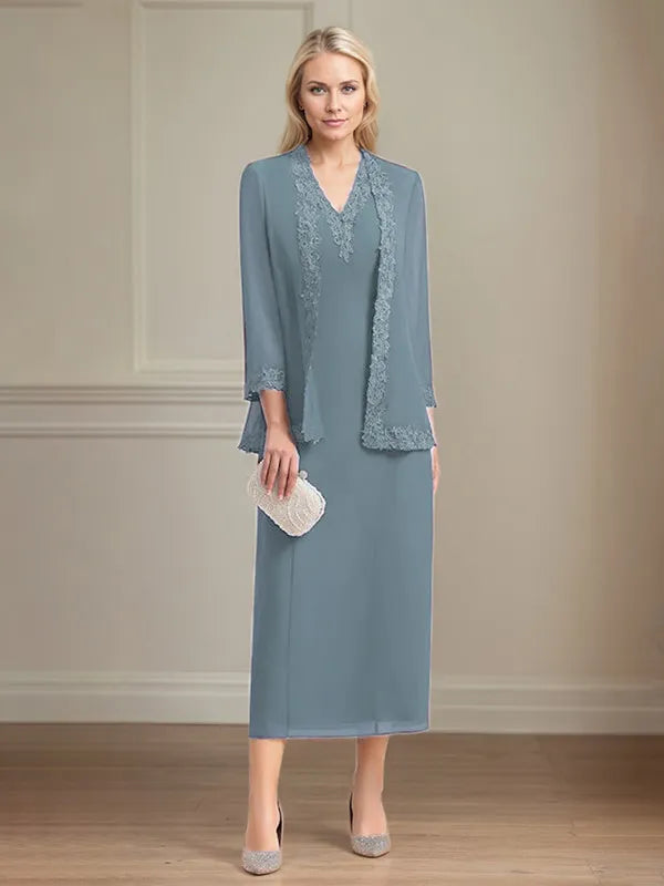 Etui/Column Chiffon V-Ausschnitt 3/4 Ärmel Tea-Length Kleid für die Mutter der Braut