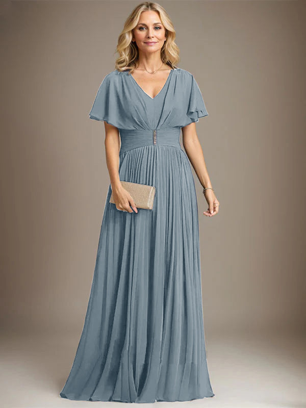 A-Linien V-Ausschnitt Bodenlanges Chiffon Brautmutterkleid mit Kristallbrosche und Plisseefalten