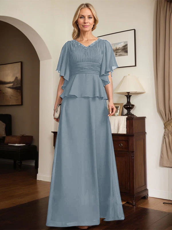 A-Linien Chiffon-Mutter-der-Braut-Kleid mit V-Ausschnitt, bodenlang, plissierte Perlenverzierung
