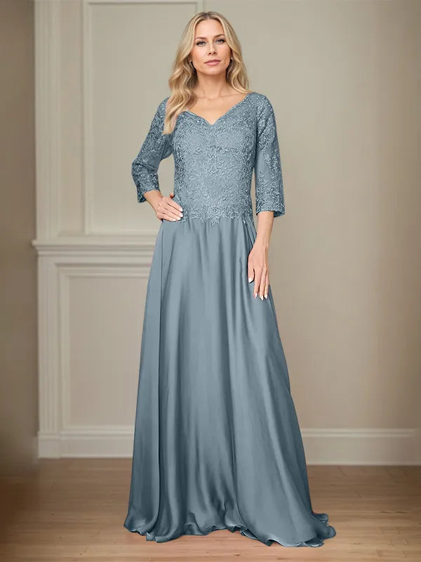 A Line Chiffon V Neck 3/4 Sleeves Floor-Length Mother Of The Bride Dress With Appliques
