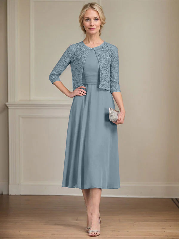 A-Linien Rundhals Tee-Länge Chiffon Kleid für die Mutter der Braut mit Falten