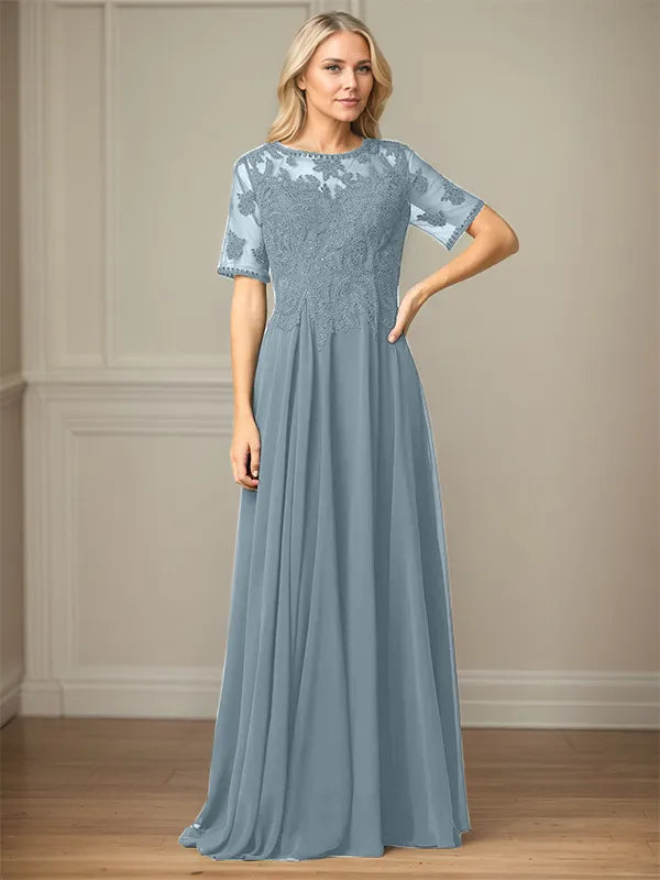 A Line Chiffon Scoop Neck Short Sleeves Floor Length Mother of the Bride Dresses