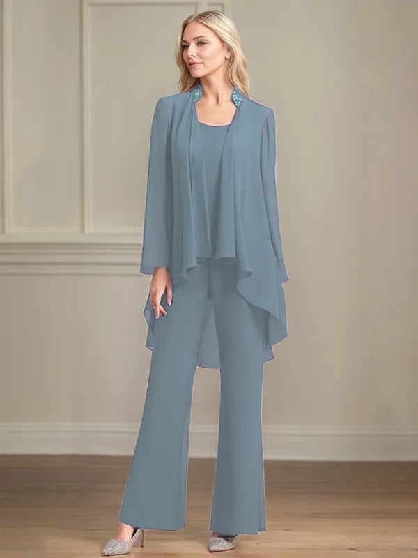 Chiffon Kleid mit Rundhalsausschnitt, langen Ärmeln, bodenlang, Hosenanzug für die Brautmutter
