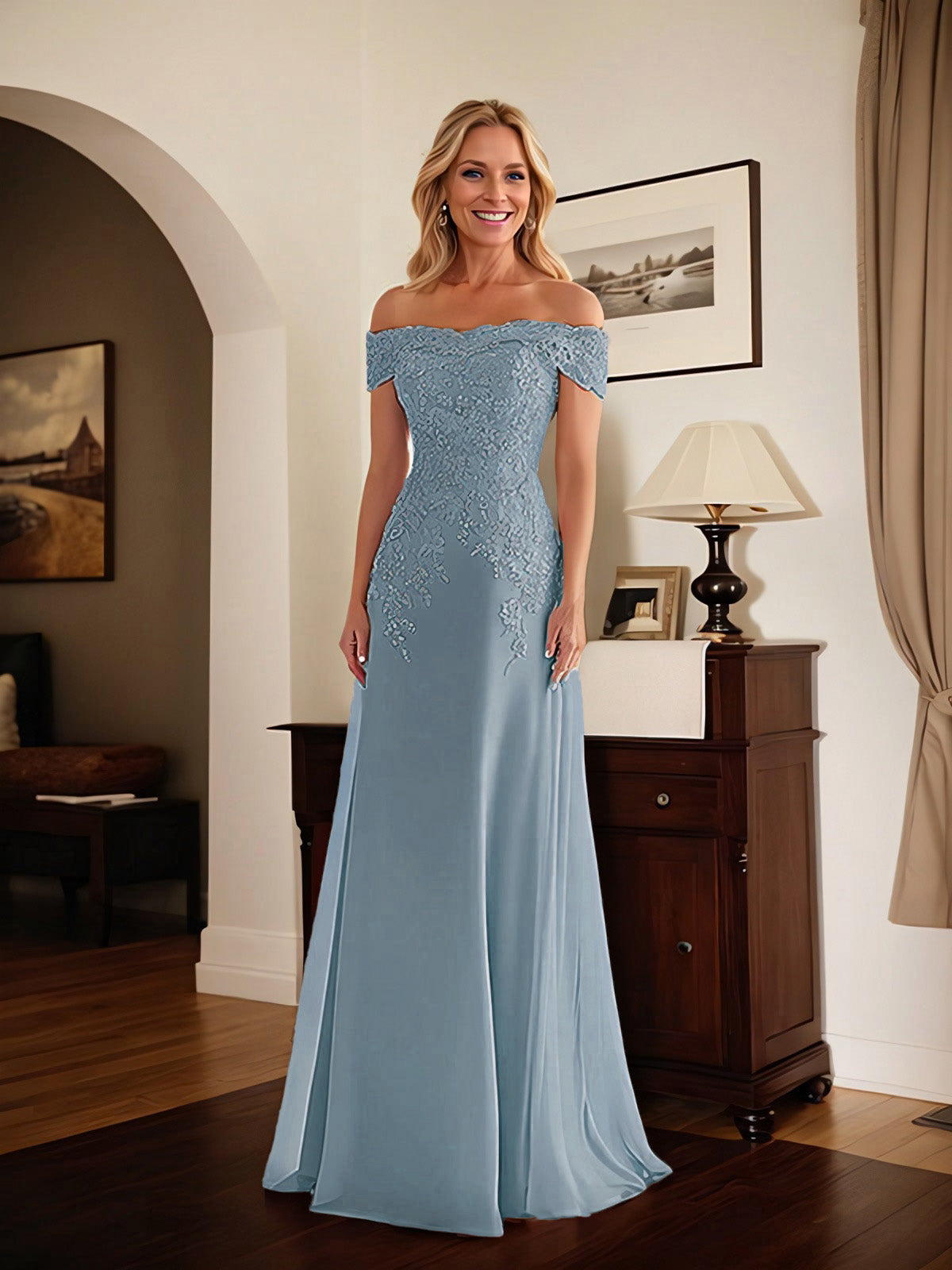 Elegantes taupefarbenes schulterfreies Etuikleid Mutter der Braut Kleid mit Spitze