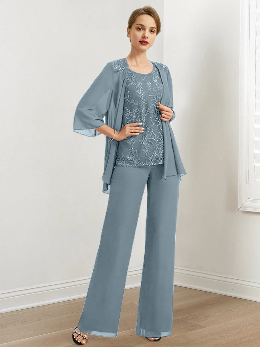 Chiffon Hosenanzüge für die Brautmutter mit Pailletten und Jacke