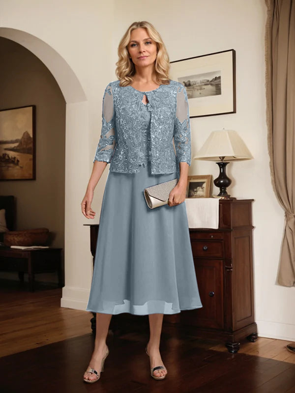 A-Linien Spitzen-Chiffon-Brautmutterkleid mit V-Ausschnitt, tea-length, mit Pailletten