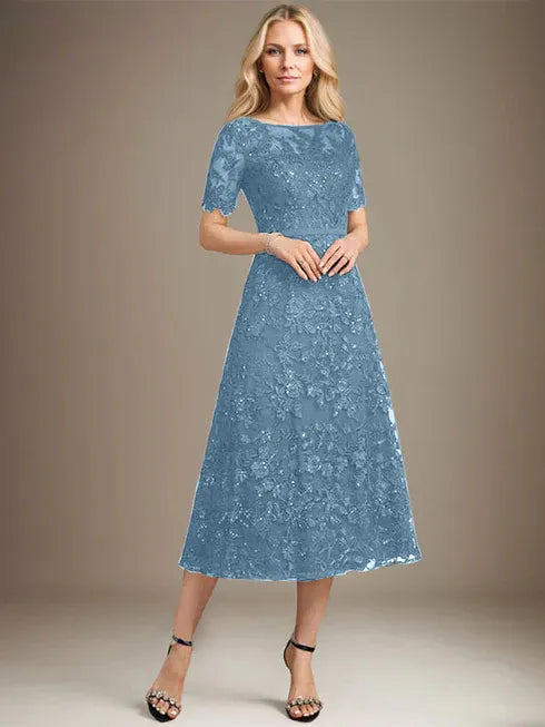 A-Linien Rundhals Illusions-Tea-Length Spitzenkleid der Brautmutter mit Pailletten