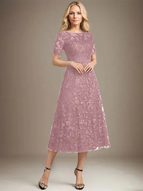 A-Linien Rundhals Illusions-Tea-Length Spitzenkleid der Brautmutter mit Pailletten