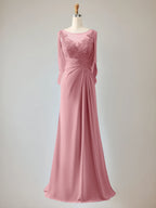 Vestido para madre de la novia trompeta/sirena de gasa con escote redondo, mangas 1/2 y cuentas