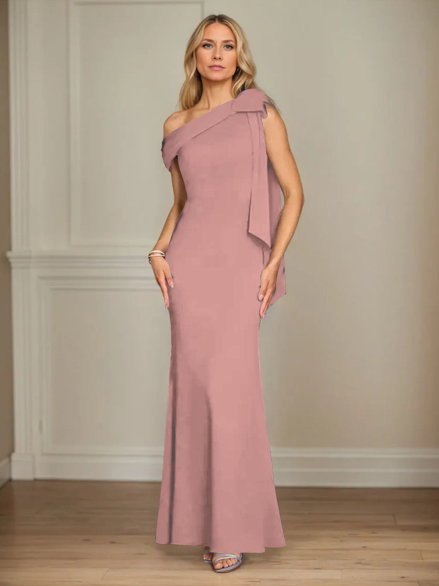 Trumpet/Mermaid Ein-Schulter Ärmelloses Stretch-Crêpe Kleid für die Brautmutter mit Schleife