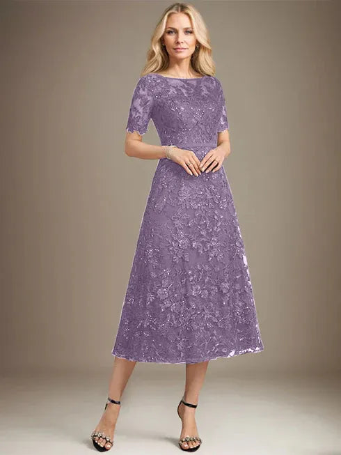 A-Linien Rundhals Illusions-Tea-Length Spitzenkleid der Brautmutter mit Pailletten