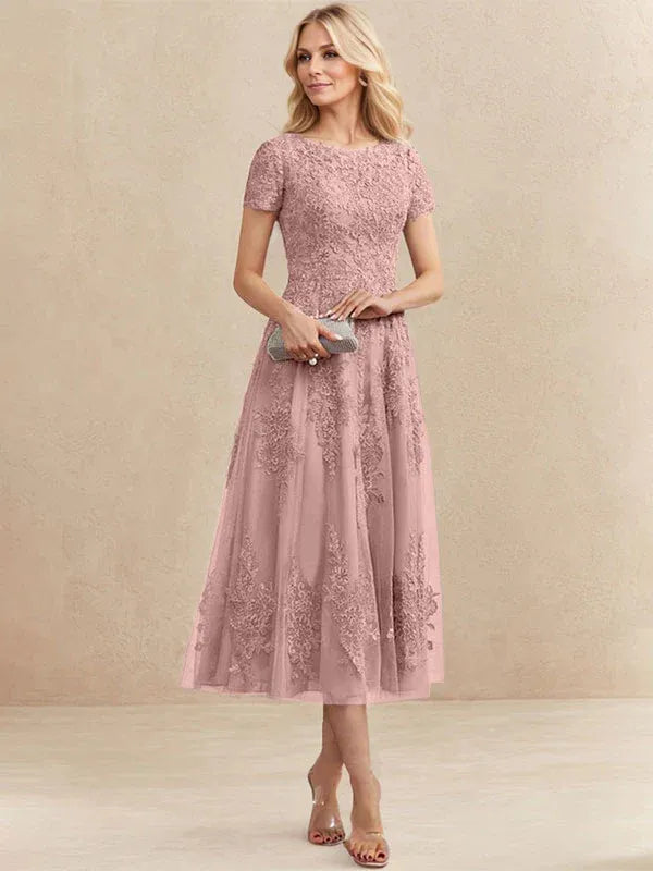 Robe de mère de la mariée A-line en tulle et dentelle, col arrondi, longueur thé