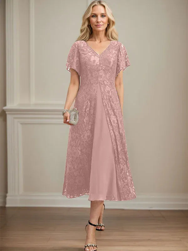 Robe mère de la mariée ligne A en dentelle et mousseline à col en V longueur thé
