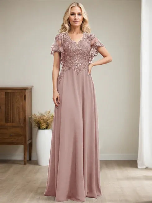 Robe mère de la mariée ligne A col en V longue en dentelle et chiffon avec sequins