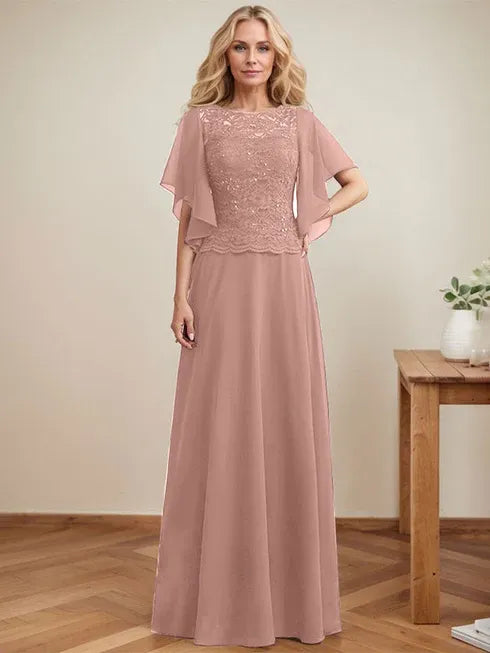 A-Linien Rundhals Illusions-Bodenlanges Spitzen-Chiffon Mutter-der-Braut-Kleid mit Pailletten