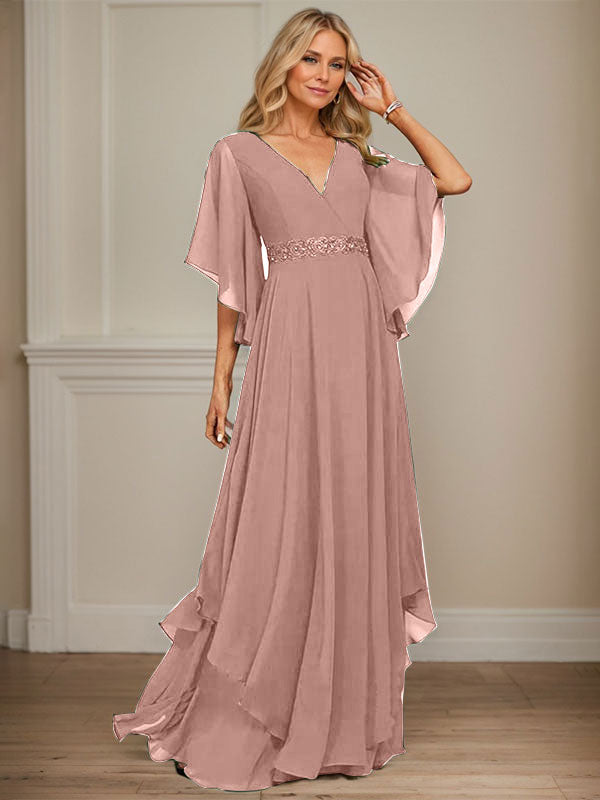 A-Linien V-Ausschnitt bodenlanges Chiffon-Mutter-der-Braut-Kleid mit Pailletten-Applikationen, Spitze und Perlen
