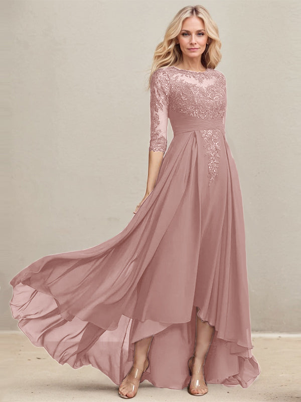 A-Linien Ausschnitt Illusions Asymmetrisches Spitzen-Chiffon Kleid für die Mutter der Braut mit plissierten Pailletten