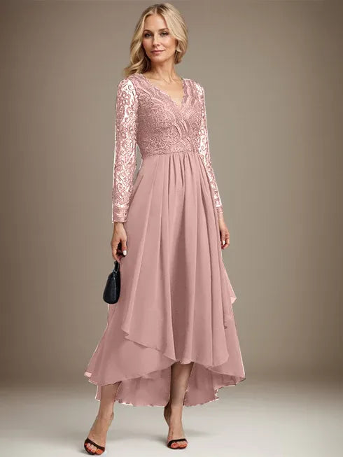 Vestido de madre de la novia en línea A con escote en V, encaje y gasa asimétrica