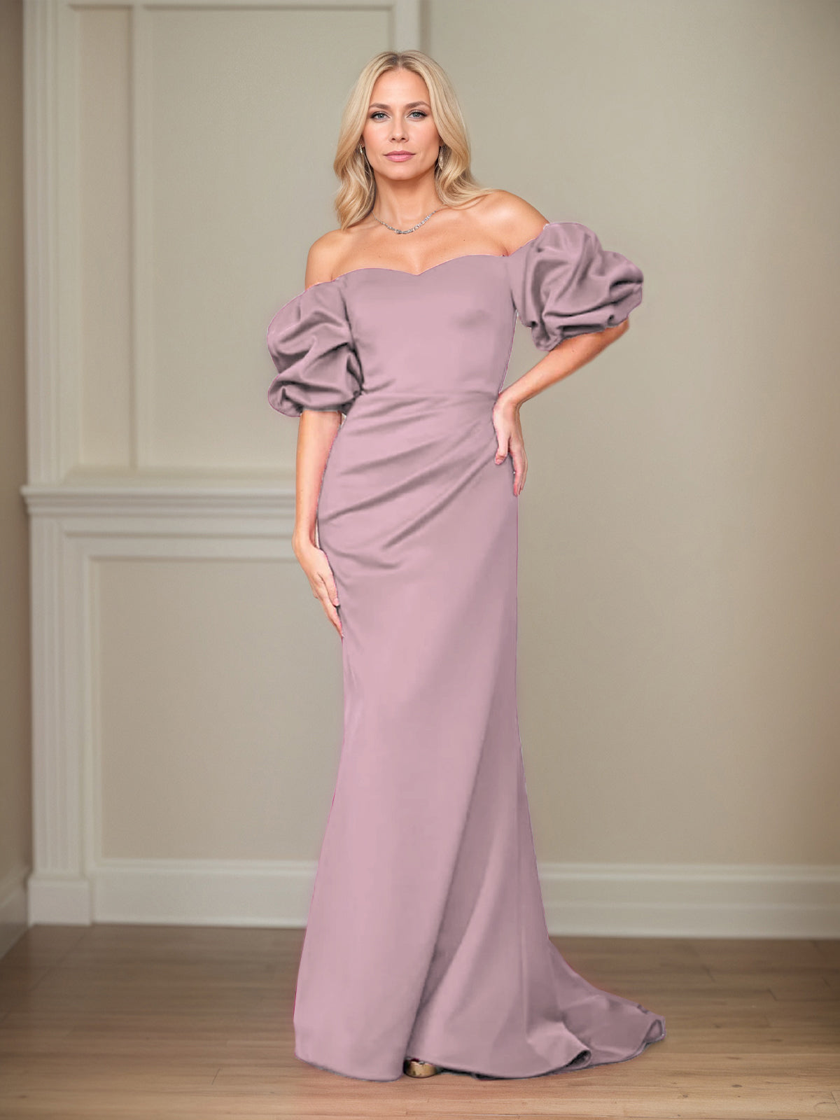 Satin Etuikleid/Säulenkleid mit schulterfreiem Puffärmel, bodenlang, Mutter der Braut Kleid