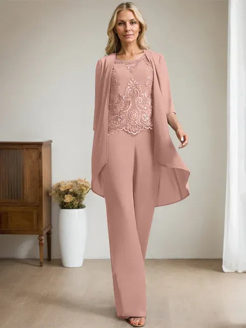 Zweiteiler Jumpsuit/Hosenanzug mit Rundhalsausschnitt, bodenlanges Chiffon-Spitzenkleid für die Mutter der Braut mit Perlen und Pailletten