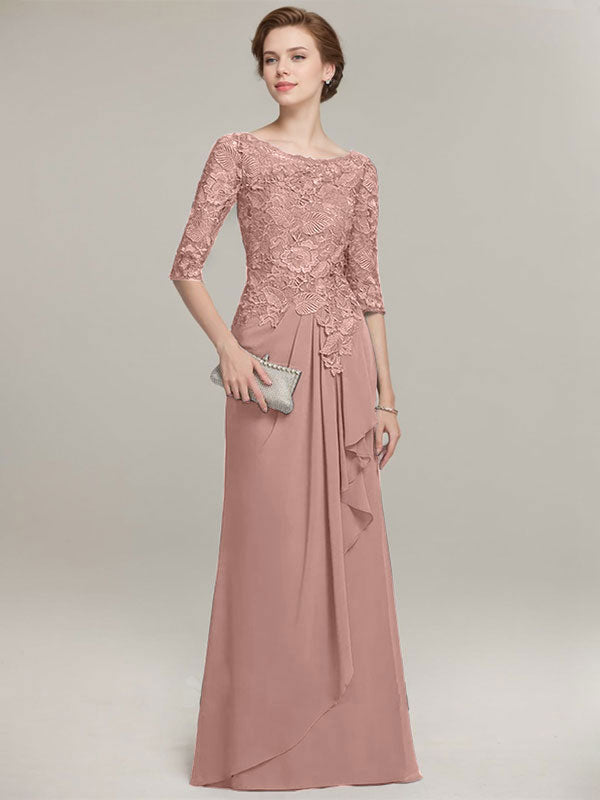 A-Linien Rundhalsausschnitt Illusions bodenlanges Spitzen-Chiffon Mutter der Braut Kleid mit kaskadierenden Rüschen