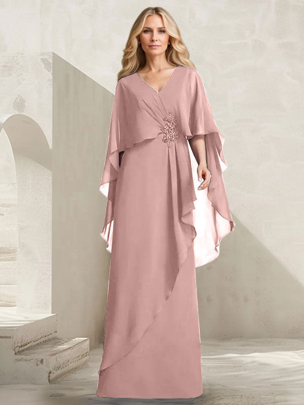 Robe mère de la mariée longue en chiffon coupe trapèze à col en V avec volants en cascade et perles