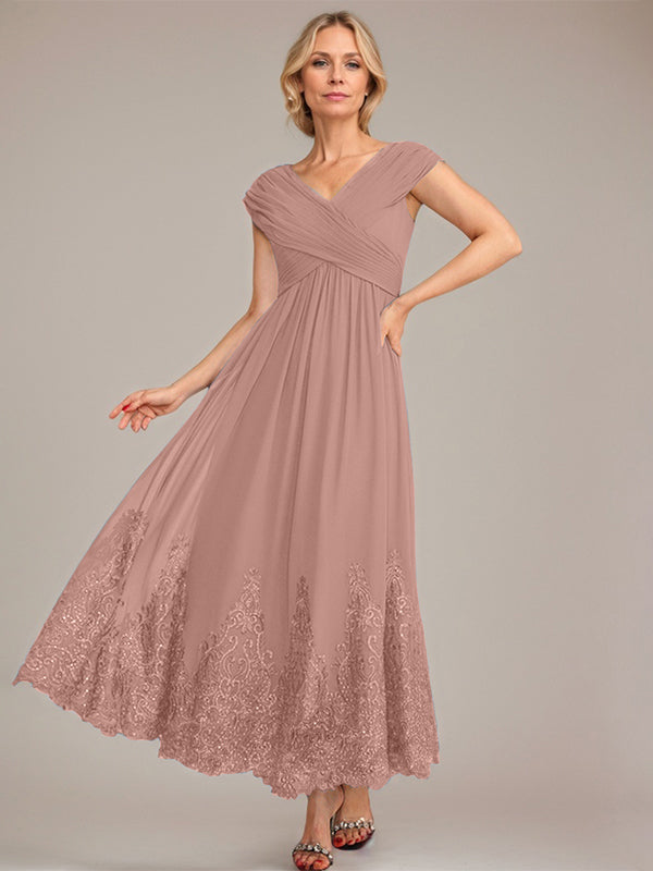 A-Linien V-Ausschnitt Knöchellanges Chiffon Kleid der Brautmutter mit Applikationen und Pailletten