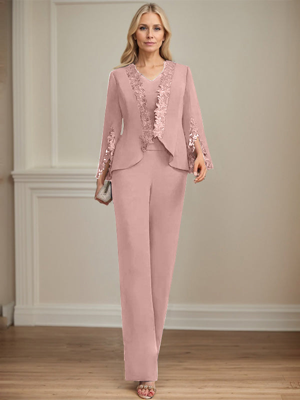 Zweiteiler Jumpsuit/Hosenanzug V-Ausschnitt bodenlanges Chiffon Mutter der Braut Kleid