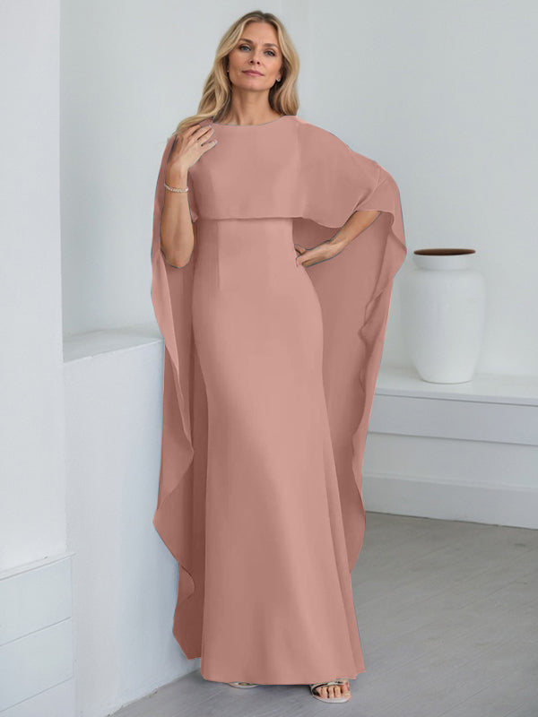 Etui-Kleid mit Rundhalsausschnitt, bodenlang, Chiffon, Mutter-der-Braut-Kleid mit kaskadierenden Rüschen