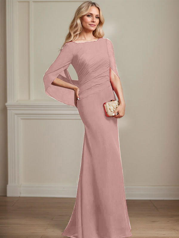 Trompeten-/Meerjungfrauen-Chiffonkleid mit Bootsausschnitt, bodenlang, plissiert, Brautmutterkleid