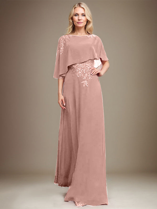 A-Linie Rundhals Bodenlanges Chiffon-Spitzenkleid für die Brautmutter mit Pailletten und Perlen