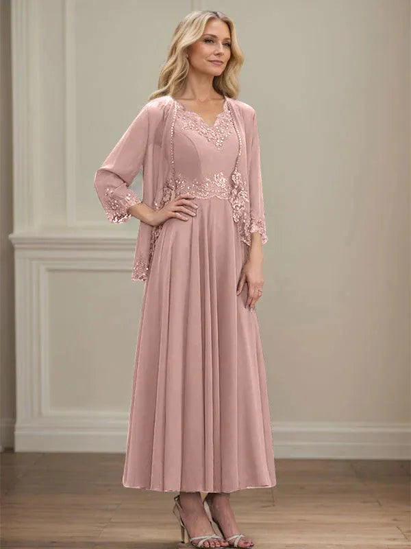 A-Linien Kleid mit V-Ausschnitt, knöchellang, aus Chiffon, Mutter der Braut Kleid mit Pailletten, Applikationen, Spitze und Perlenbesatz