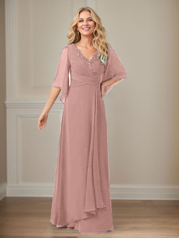 A-Linien V-Ausschnitt langes Pailletten-Chiffon Mutterkleid