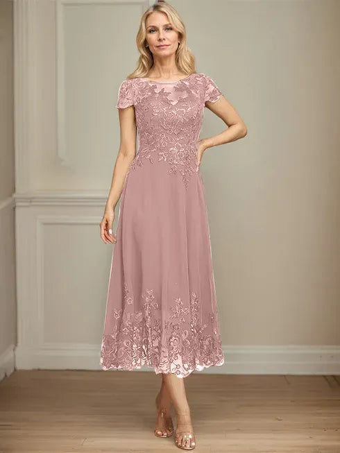 A-Linien Illusions Rundhals tea-langes Spitzenchiffon Mutter der Braut Kleid mit Pailletten