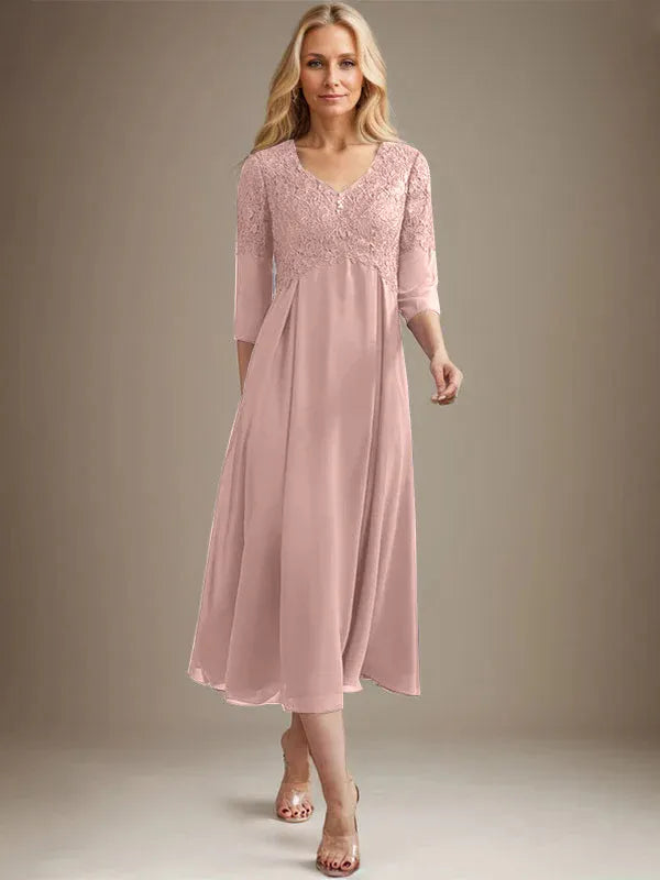 Vestido línea A con escote en V, largo hasta el té, de gasa y encaje para madre de la novia con pedrería