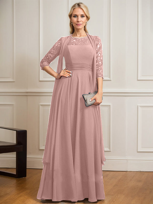 A-Linien Kleid mit Rundhalsausschnitt, Illusion, bodenlang aus Spitze und Chiffon, Mutter-der-Braut-Kleid mit Faltenwurf