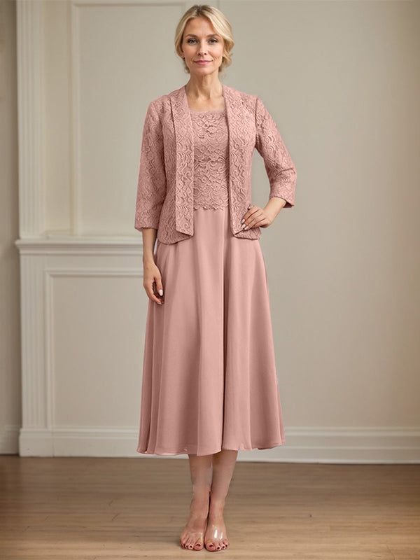 A-Linien Kleid mit Rundhalsausschnitt, tea-länge, Spitze und Chiffon, Mutter der Braut Kleid