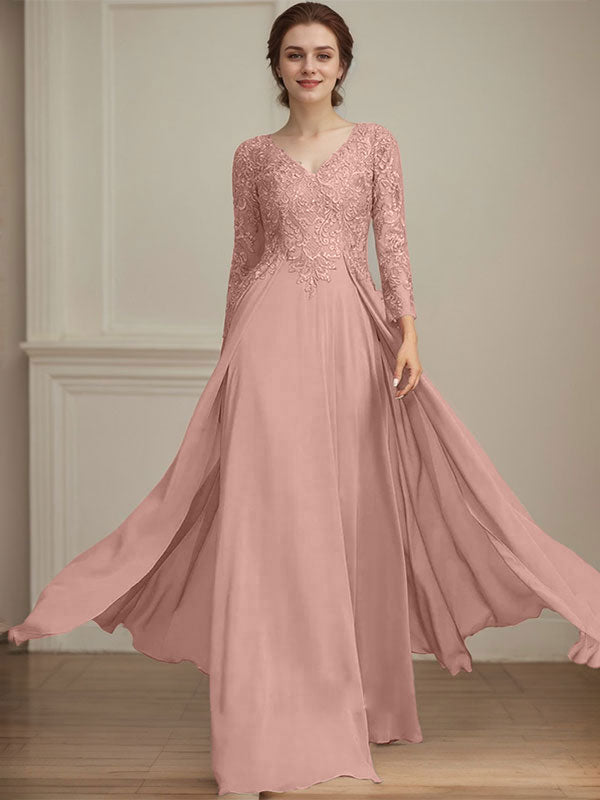 A-Linien V-Ausschnitt Bodenlanges Spitzen-Chiffon Kleid für die Brautmutter mit Pailletten