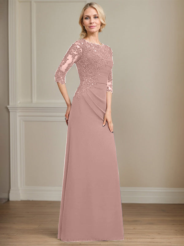 A-Linie Rundhals bodenlanges Chiffon Spitzen Brautmutterkleid mit Perlen Falten Pailletten