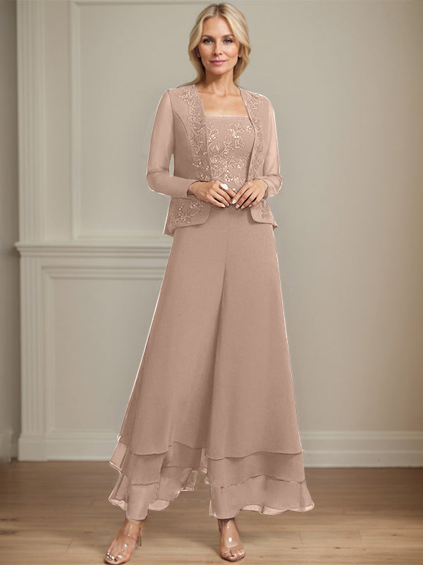 Zweiteiler Jumpsuit/Hosenanzug quadratisch knöchellang Spitze Chiffon Brautmutterkleid mit Pailletten