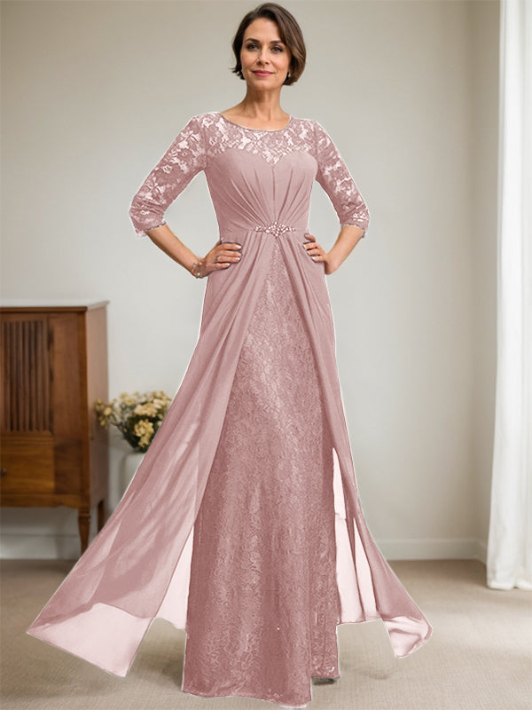 A-Linien Rundhalsausschnitt Illusions-Bodenlanges Spitzen-Chiffonkleid für die Brautmutter mit Perlen und Volants