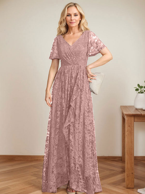 A-Linien Spitzen-Mutter-der-Braut-Kleid mit V-Ausschnitt, asymmetrisch und mit kaskadierenden Rüschen