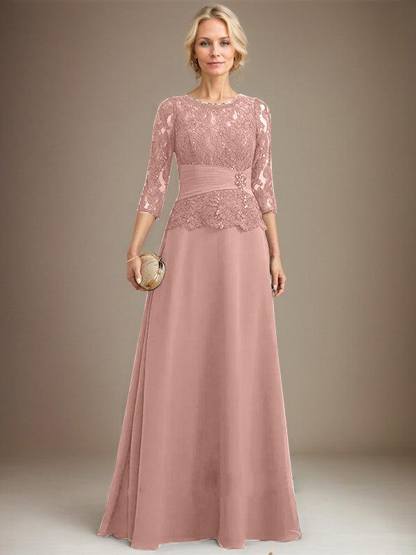 A-Linien Kleid mit Scoop-Ausschnitt, Illusion, bodenlangem Chiffon und Spitze, Mutter-der-Braut-Kleid mit plissierten Pailletten und Perlenbesatz