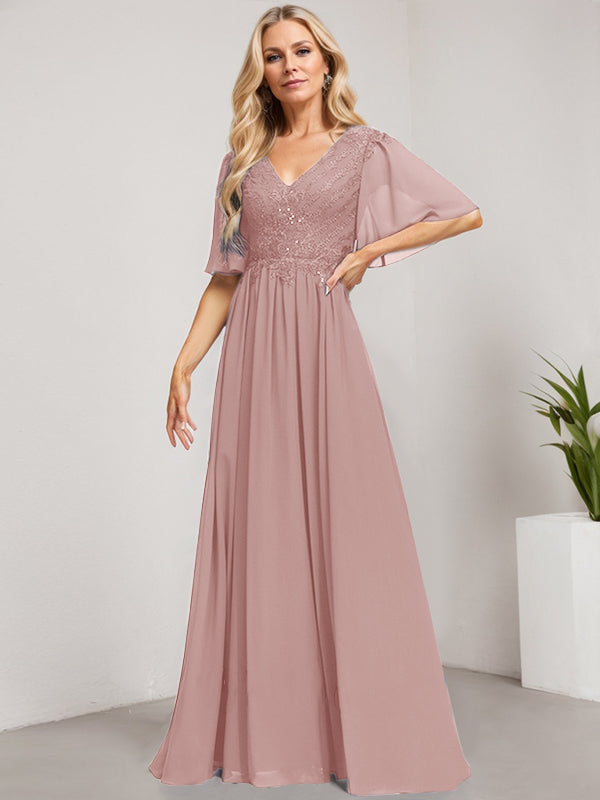 Robe mère de la mariée ligne A col en V longue en dentelle et chiffon avec sequins