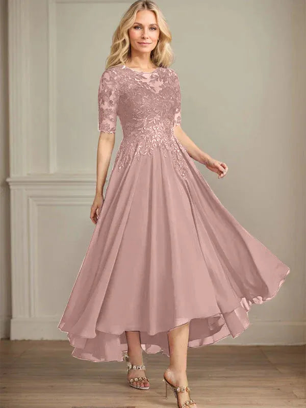 A-Linien Scoop-Ausschnitt Illusion asymmetrisches Chiffon-Spitzen-Mutter-der-Braut-Kleid mit Pailletten