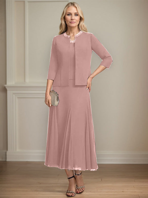 Separates A-Linien Chiffonkleid mit Rundhalsausschnitt, tea-length, Mutter der Braut mit Pailletten und Perlen