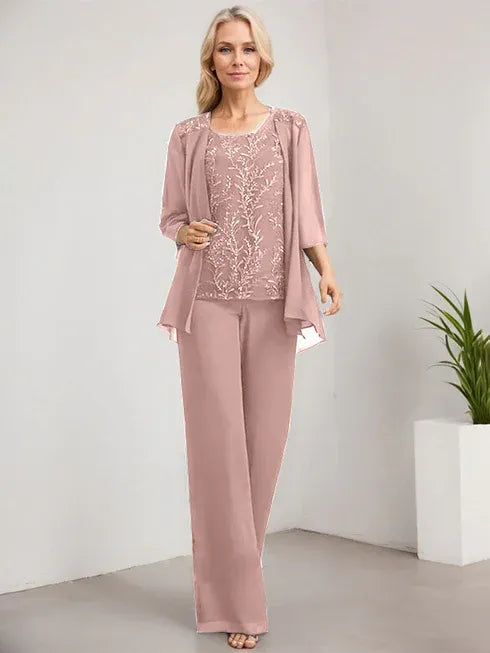 Zweiteiler Jumpsuit/Hosenanzug U-Ausschnitt bodenlanges Spitzen Chiffon Mutter der Braut Kleid mit Pailletten