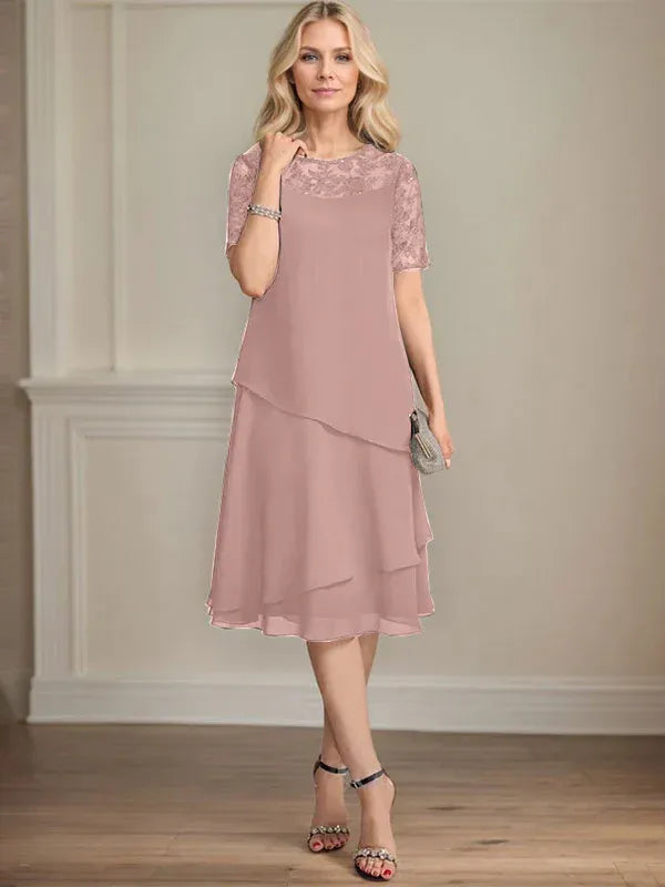 A-Linien Rundhals Illusions-Knie-Länge Spitzen-Chiffon Kleid für die Brautmutter mit Pailletten