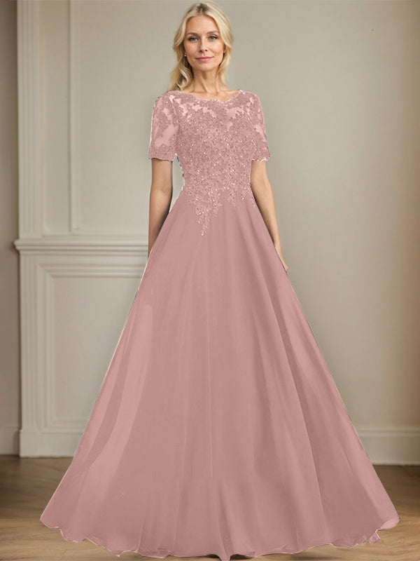 A-Linien Rundhals Illusions-Bodenlanges Chiffon-Spitzenkleid für die Mutter der Braut mit Pailletten und Perlen